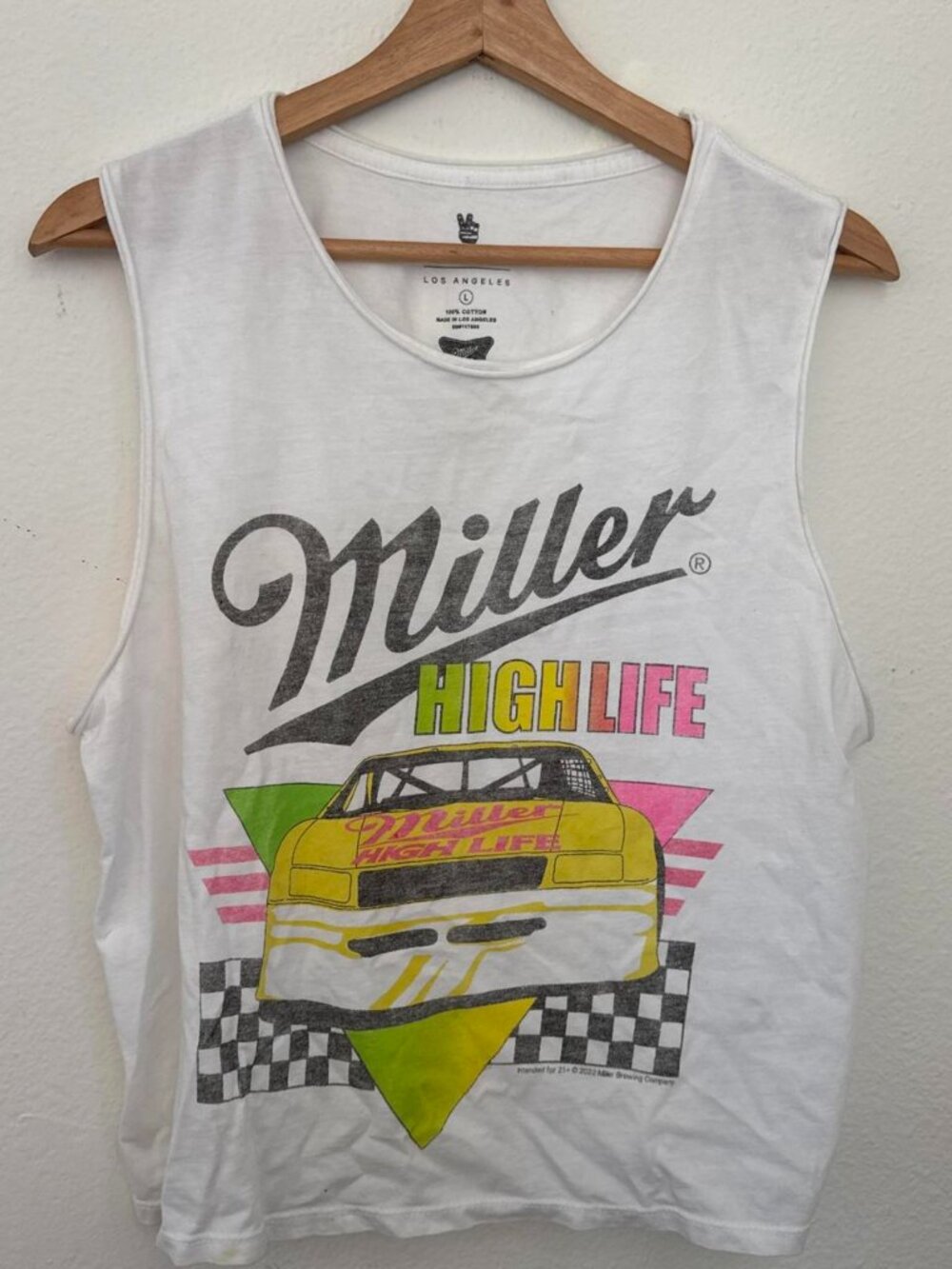 Junk Food Miller High Life NASCAR tank top with yellow race car graphic,